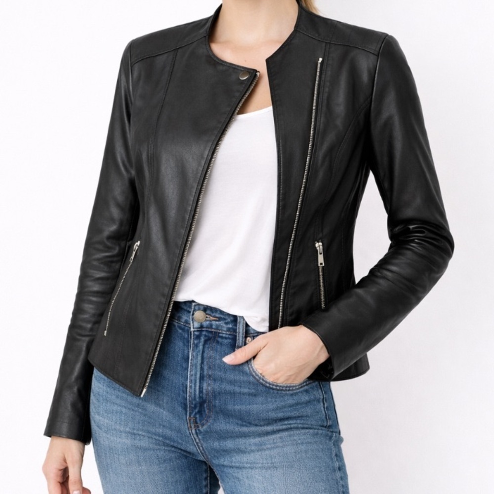Mango Leather Jacket Bomber Flat Front Black Sleek Classic Like New grunge